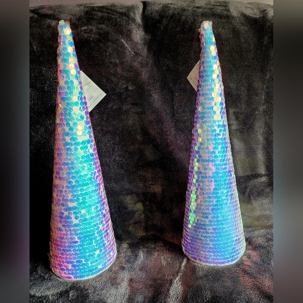 Bundle of 2 NWT 18" Sequined Iridescent Cone Christmas Tree Sculpture home decor